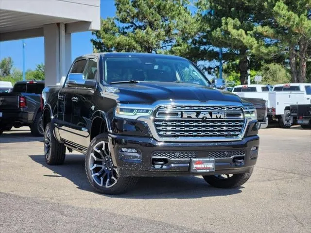 2026 RAM 1500 RAM 1500 LIMITED LONGHORN CREW CAB 4X4 5'7' BOX in Diamond Black Crystal Pearl-Coat Exterior Paint — front three-quarter view