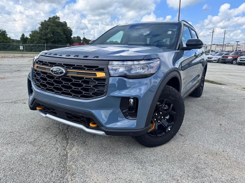 2026 Ford Explorer Tremor in Vapor Blue — front three-quarter view
