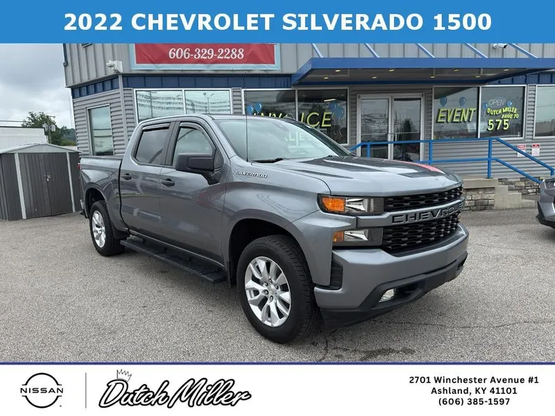2022 Chevrolet Silverado Custom in Satin Steel Metallic — front three-quarter view