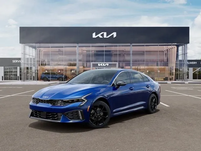 2026 Kia K5 GT-Line in Yacht Blue — front three-quarter view