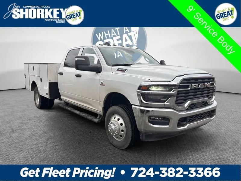 2026 RAM 3500 Tradesman DRW 4x4 / 6.7L Diesel / 9' Service Body in Bright White Clear-Coat Exterior Paint — front three-quarter view