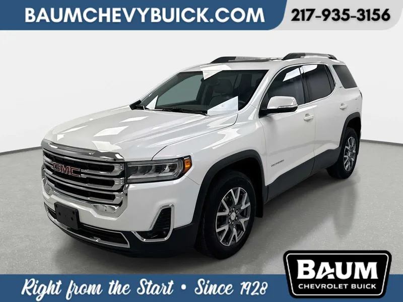 2023 GMC Acadia SLT in White Frost Tricoat — front three-quarter view