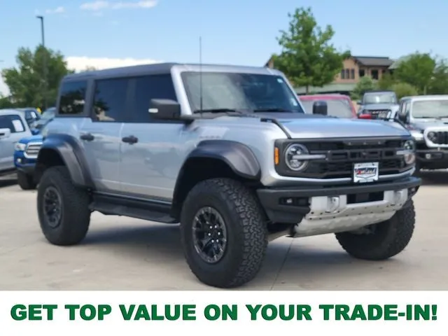 2023 Ford Bronco Raptor in Iconic Silver Metallic — front three-quarter view
