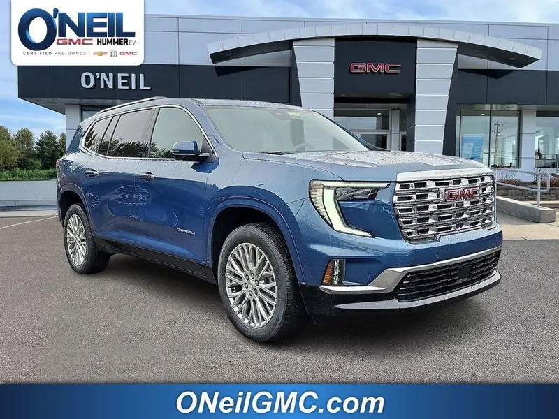 2026 GMC Acadia Denali in Downpour Metallic — front three-quarter view