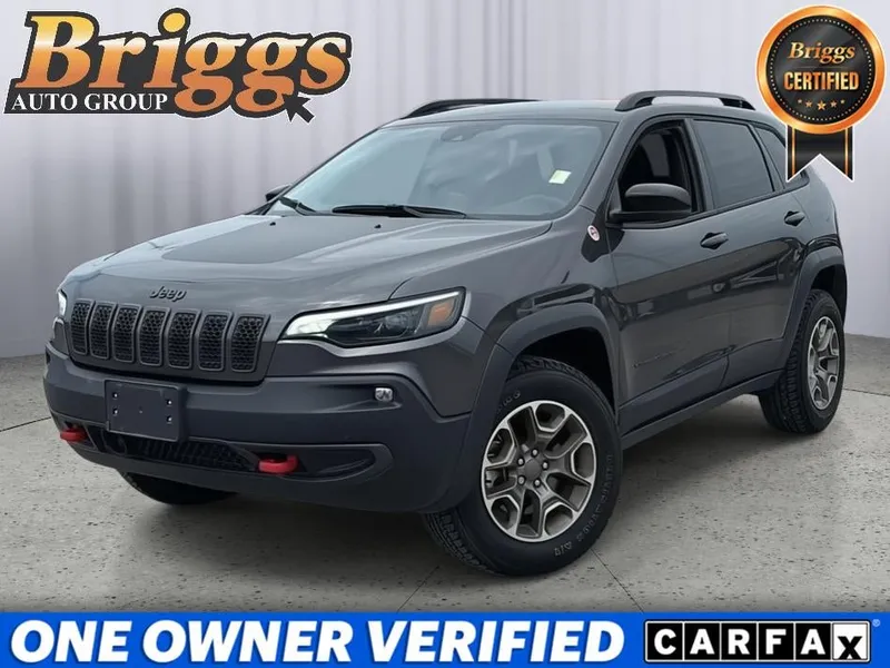 2022 Jeep Cherokee Trailhawk in Granite Crystal Metallic Clearcoat — front three-quarter view