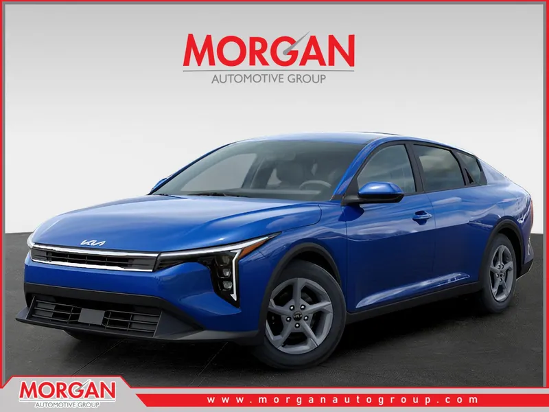 2025 Kia K4 LXS in Deep Sea Blue — front three-quarter view