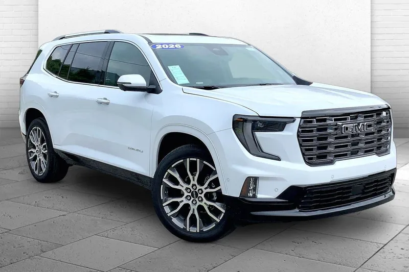 2026 GMC Acadia Denali Ultimate in Glacier White Tricoat — front three-quarter view