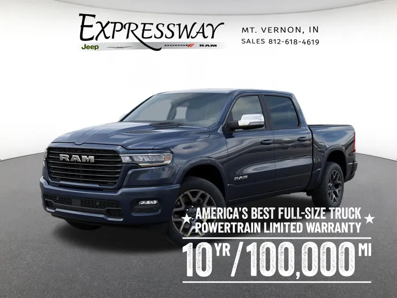 2026 RAM 1500 Laramie 4x4 Crew Cab 5'7 Box in Forged Blue Metallic Exterior Paint — front three-quarter view