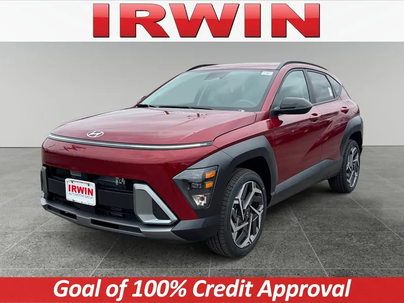 2026 Hyundai Kona SEL Premium AWD in Red — front three-quarter view