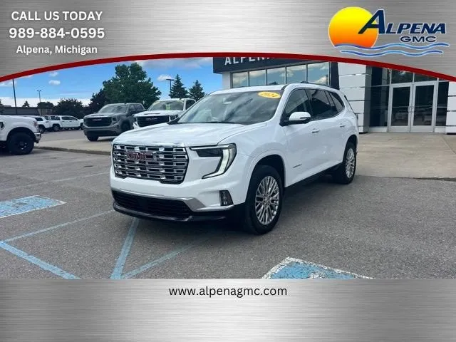 2024 GMC Acadia Denali in Summit White — front three-quarter view
