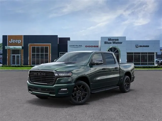 2026 RAM Ram 1500 RAM 1500 LARAMIE CREW CAB 4X4 5'7' BOX in Serrano-Green Metallic Exterior Paint — front three-quarter view