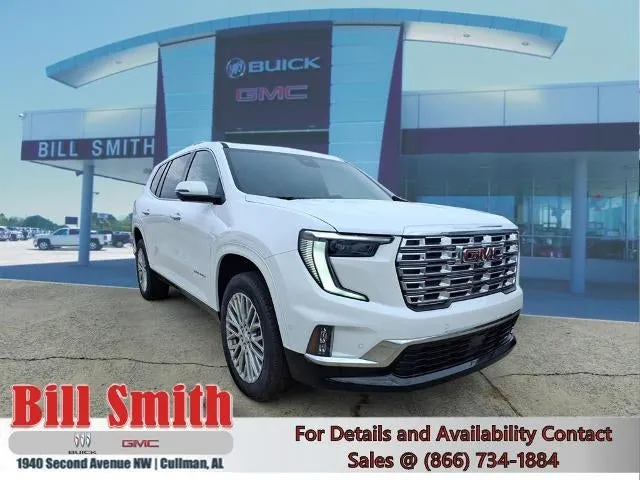 2026 GMC Acadia Denali in Summit White — front three-quarter view
