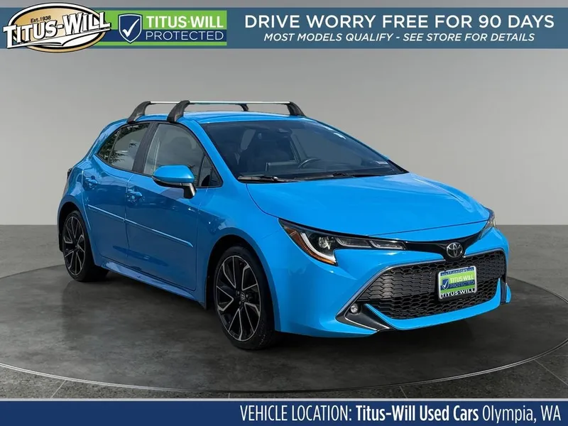 2019 Toyota Corolla Hatchback XSE in Blue Flame — front three-quarter view
