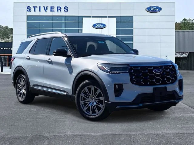 2026 Ford Explorer Platinum in Space White Metallic — front three-quarter view
