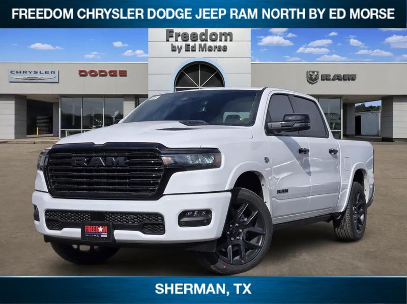 2026 RAM Ram 1500 RAM 1500 LARAMIE CREW CAB 4X4 5'7' BOX in Bright White Clear-Coat Exterior Paint — front three-quarter view
