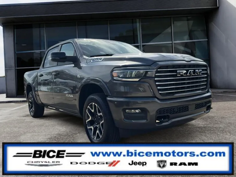 2026 RAM Ram 1500 Laramie Crew Cab 4x4 in Granite Crystal Metallic Clear-Coat Exterior Paint — front three-quarter view