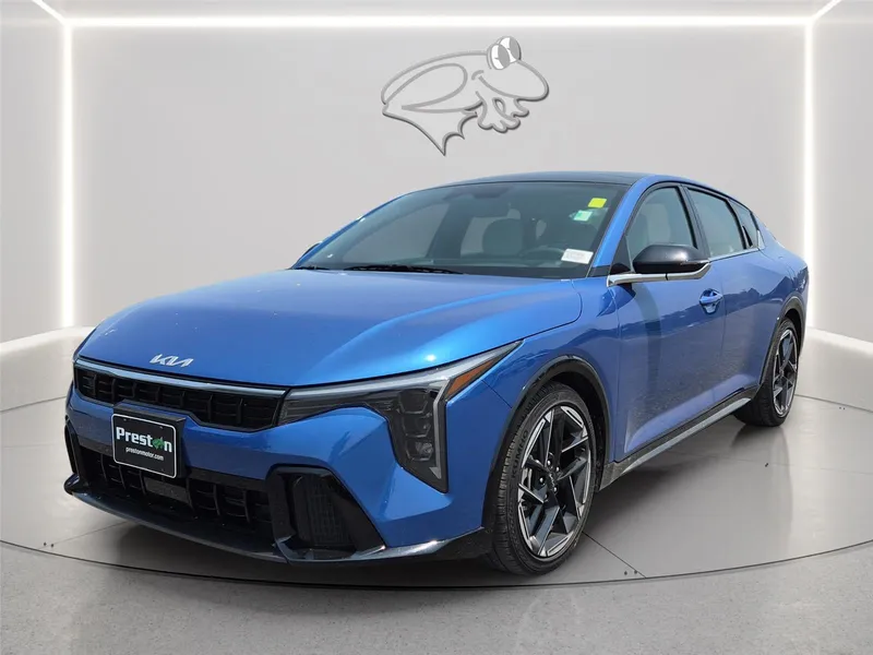 2025 Kia K4 GT-Line in Wave Blue — front three-quarter view