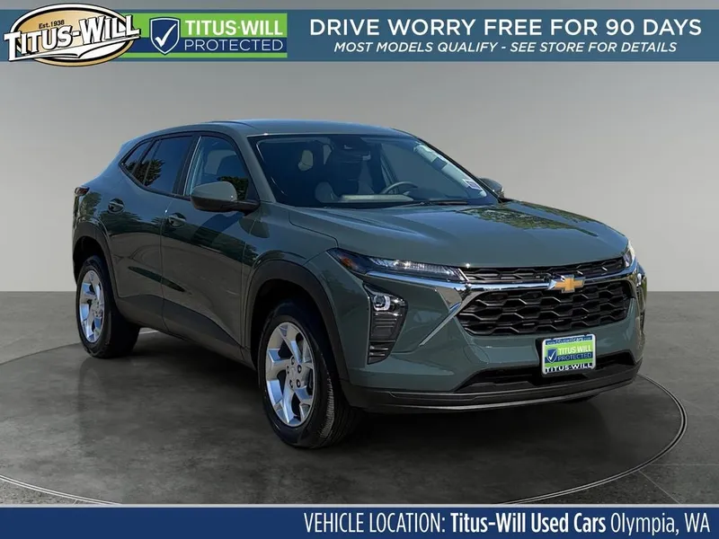 2025 Chevrolet Trax LS in Cypress Gray — front three-quarter view