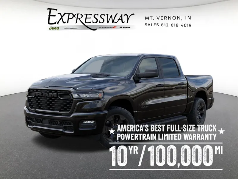 2026 RAM 1500 Express 4x4 Crew Cab 5'7 Box in Diamond Black Crystal Pearl-Coat Exterior Paint — front three-quarter view