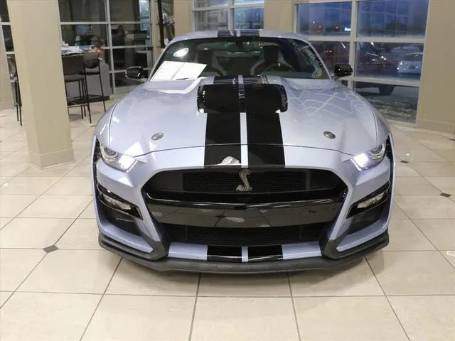2022 Ford Mustang Shelby GT500 in Blue Metallic — front three-quarter view