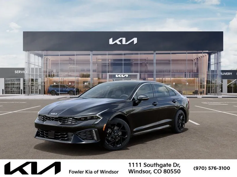 2026 Kia K5 GT-Line in Aurora Black Pearl — front three-quarter view