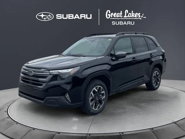2026 Subaru FORESTER Premium in Crystal Black Silica — front three-quarter view
