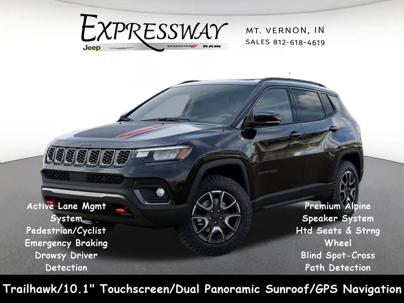 2026 Jeep Compass Trailhawk in Diamond Black Crystal Pearl-Coat Exterior Paint — front three-quarter view