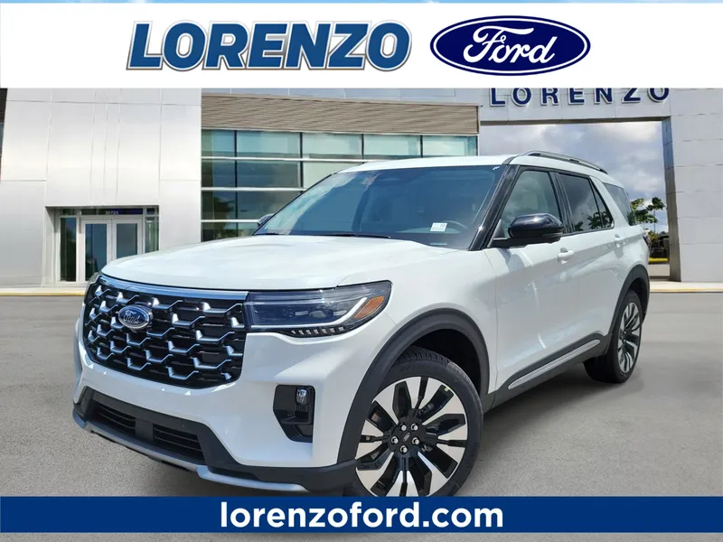 2026 Ford Explorer Platinum in Star White Metallic Tri-Coat — front three-quarter view