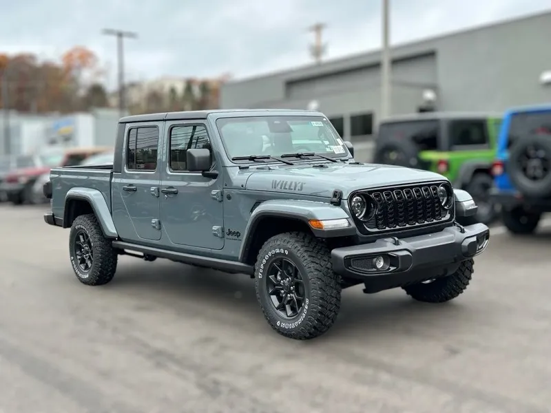 2026 Jeep Gladiator GLADIATOR WILLYS 4X4 in Anvil Clear-Coat Exterior Paint — front three-quarter view