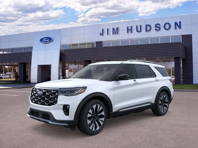 2026 Ford Explorer Platinum in White Metallic — front three-quarter view