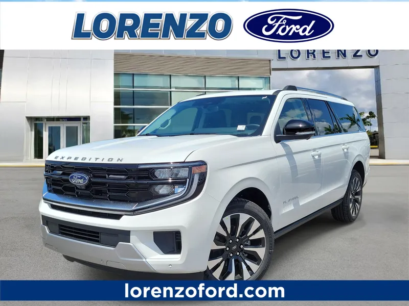 2026 Ford Expedition Max Platinum in Star White Metallic Tri-Coat — front three-quarter view