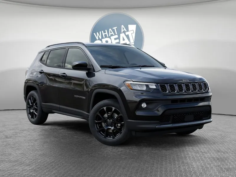 2026 Jeep Compass Latitude in Diamond Black Crystal Pearl-Coat Exterior Paint — front three-quarter view