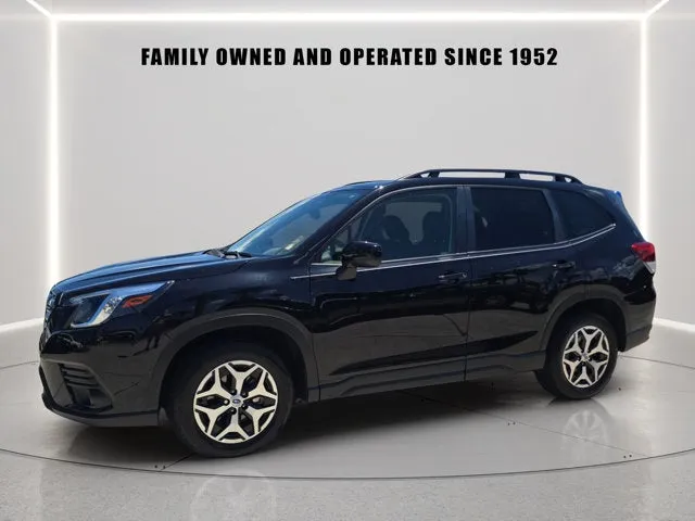2023 Subaru Forester Premium in Crystal Black Silica — front three-quarter view