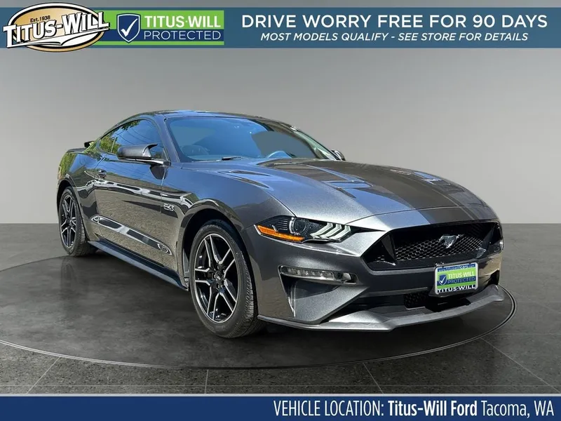 2018 Ford Mustang GT in Magnetic — front three-quarter view