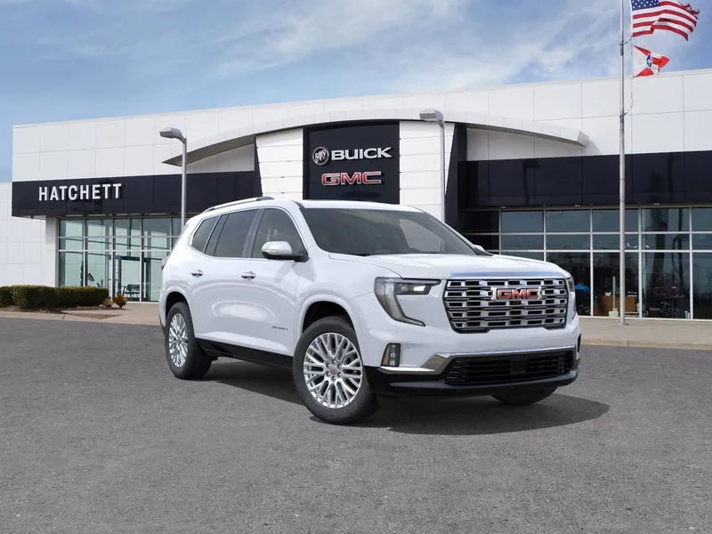 2026 GMC Acadia Denali in Glacier White Tricoat — front three-quarter view