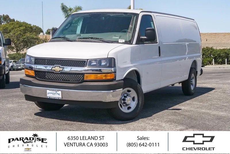 2026 Chevrolet Express Cargo 3500 Extended Wheelbase Rear-Wheel Drive in Summit White — front three-quarter view