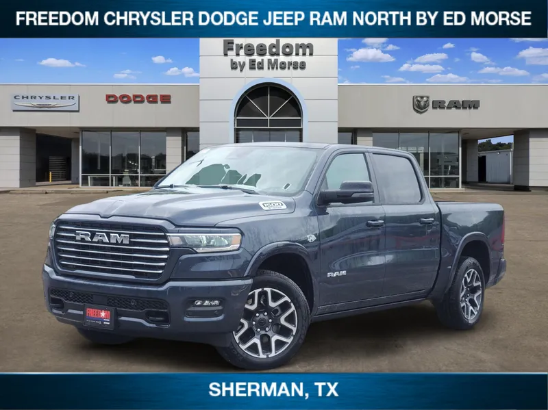 2026 RAM Ram 1500 RAM 1500 LARAMIE CREW CAB 4X4 5'7' BOX in Forged Blue Metallic Exterior Paint — front three-quarter view