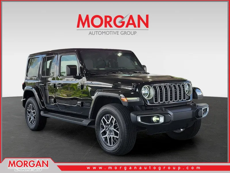 2026 Jeep Wrangler Sahara in Black Clearcoat — front three-quarter view