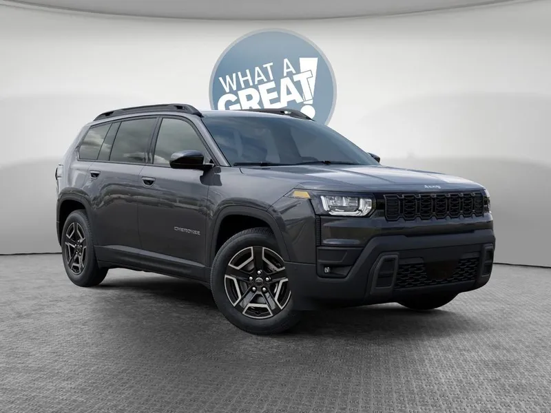 2026 Jeep Cherokee Laredo in Sting-Gray Clear-Coat Exterior Paint — front three-quarter view