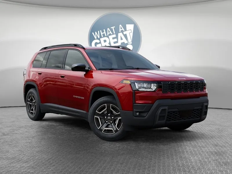 2026 Jeep Cherokee Laredo in Red Hot Pearl-Coat Exterior Paint — front three-quarter view