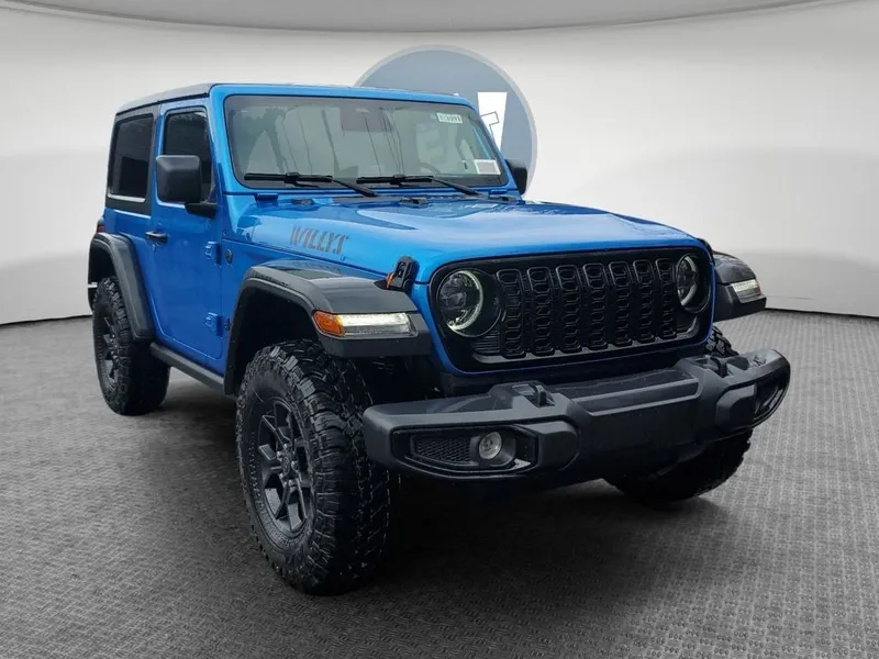 2026 Jeep Wrangler WRANGLER 2-DOOR WILLYS in Hydro Blue Pearl-Coat Exterior Paint — front three-quarter view