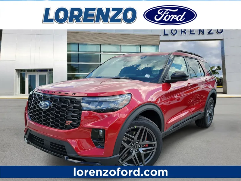 2026 Ford Explorer ST in Rapid Red Metallic Tinted Clearcoat — front three-quarter view