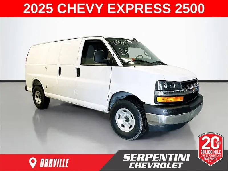 2025 Chevrolet Express Cargo WT in Summit White — front three-quarter view