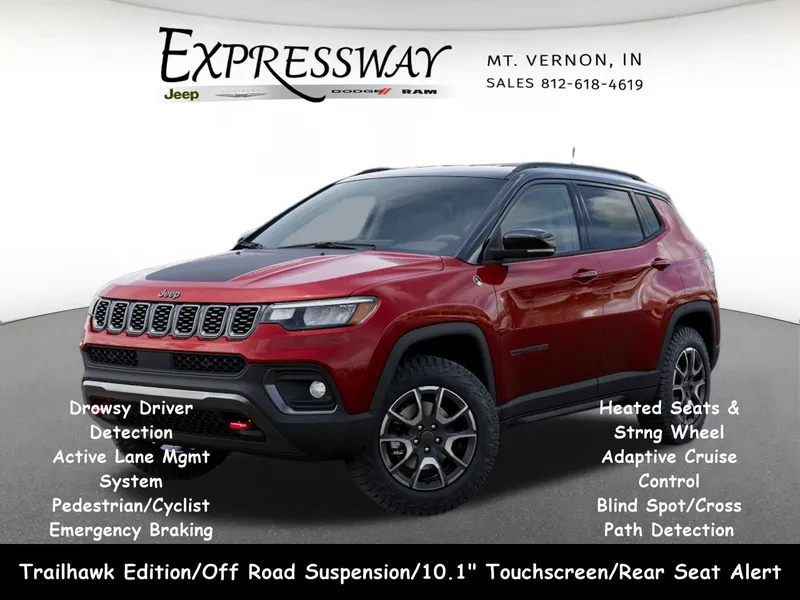 2026 Jeep Compass Trailhawk in Red Hot Pearl-Coat Exterior Paint — front three-quarter view