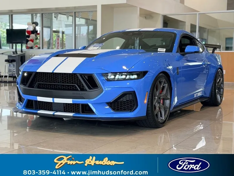 2026 Ford Mustang GT Premium in Grabber Blue Metallic — front three-quarter view