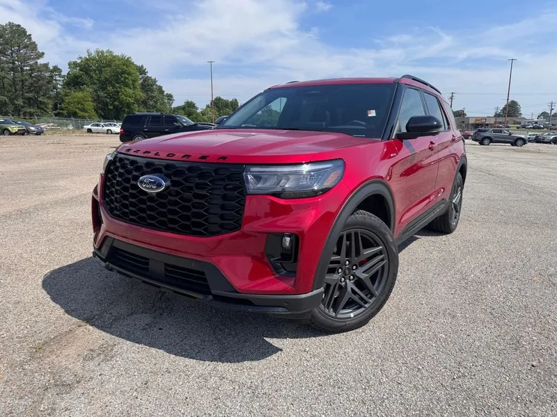 2026 Ford Explorer ST-Line in Red Metallic — front three-quarter view