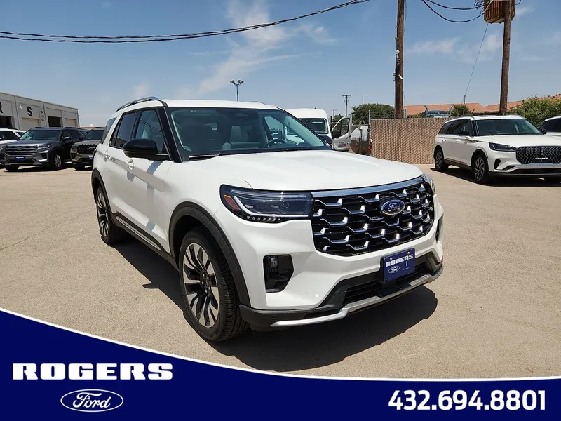 2026 Ford Explorer Platinum in Star White Metallic Tri-Coat — front three-quarter view