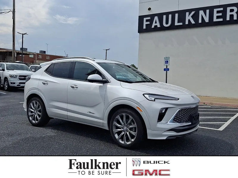 2025 Buick Encore GX Avenir in White Frost Tricoat — front three-quarter view