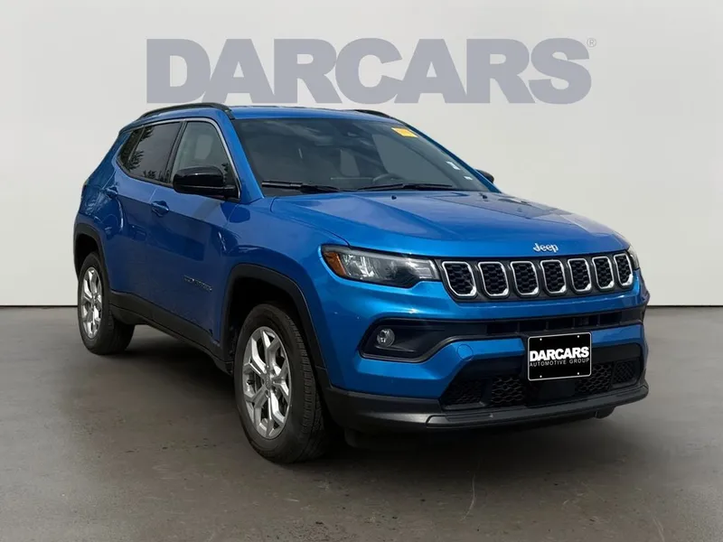 2024 Jeep Compass Latitude in Hydro Blue Pearlcoat — front three-quarter view