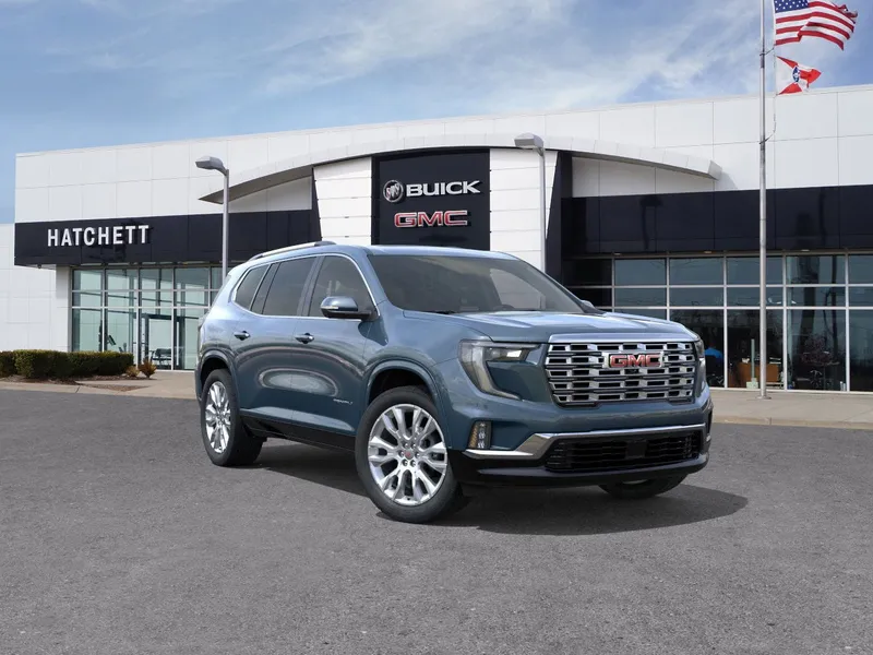 2026 GMC Acadia Denali in Downpour Metallic — front three-quarter view